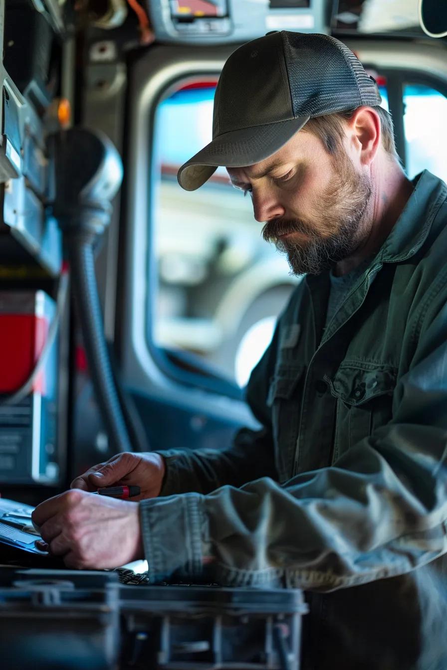 Mobile truck repair technician diagnosing a commercial vehicle onsite